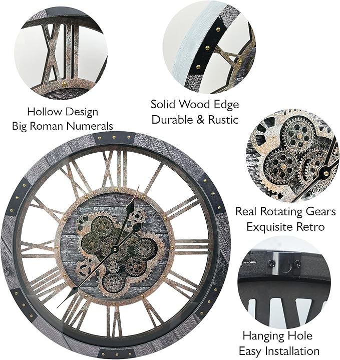 DORBOKER 24" Large Wall Clock with Moving Gears,Oversize Vintage Industrial Rustic Farmhouse Clocks for Living Room Decor Office Home,Solid Wood HD Tempered Glass Cover,Carbon Grey