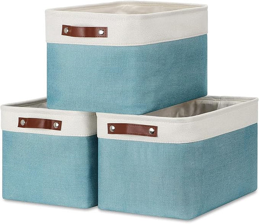 DULLEMELO Storage Baskets for Shelves, Fabric Collapsible Rectangular Storage Bins for Shelves, Closets, Nursery, Home, Empty Gift Baskets (3-Pack Medium-15 inch X 11 inch X 9.5 inch , White&Teal)