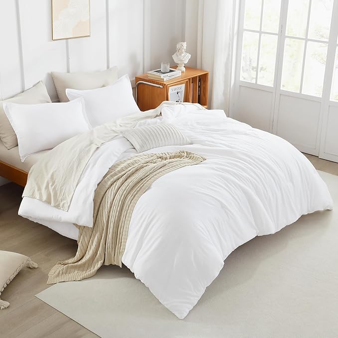 Litanika White Comforter Set Queen Size, 3 Pieces Lightweight Solid Bedding Comforter Set, All Season Fluffy Bed Set (90x90In Comforter & 2 Pillowcases)