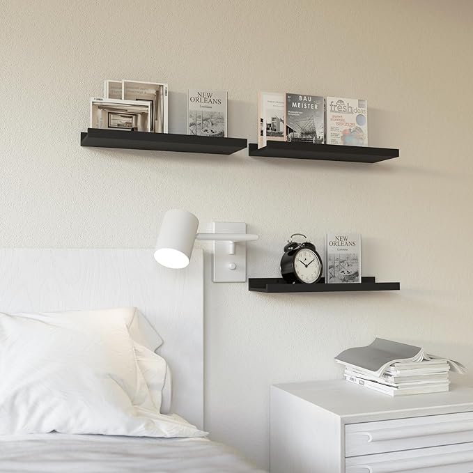 RICHER HOUSE 3 Set Floating Shelves for Wall, Black Wall Mounted Shelves with Lip for Storage, Display Picture Ledge Shelf for Bedroom Bathroom Kitchen Living Room Decor, Modern Black