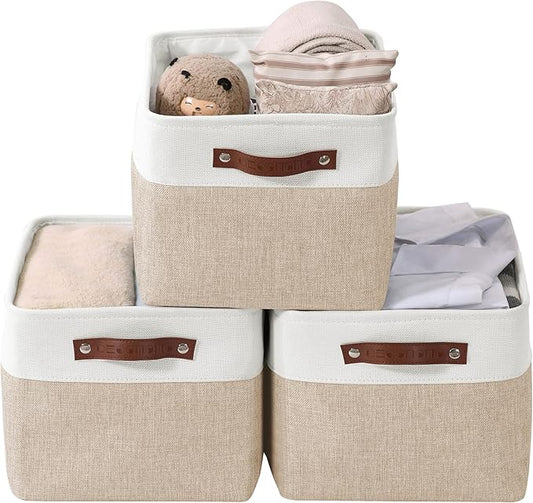 DECOMOMO Storage Bins Fabric Storage Baskets for Shelves, Linen Closet Organization Toys Nursery (Beige and White, Large - 3 Pack)