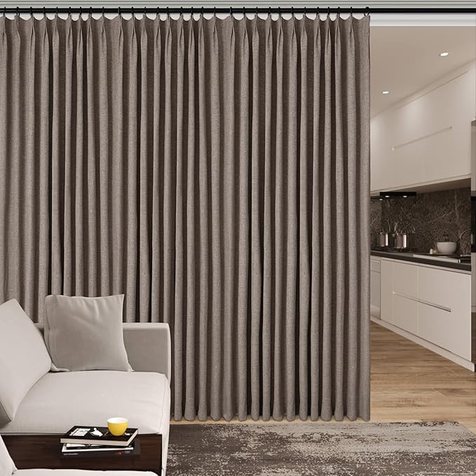 Light Coffee Pinch Pleat 100% Blackout Drapes Linen Blend, Room Divider, Room Darkening, Energy Saving, Furniture Protecting, Light Blocking Extra Wide Privacy Curtains, 200Wx102L, 1 PC