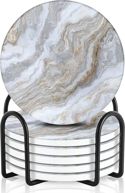 Emerson Coasters for Drinks Absorbent – Natural Stone Drink Coasters Set with Holder, Coasters for Coffee Table, Wooden Tabletop Protection Marble Style – 100% Heavy Duty Set of 6 (Sky)