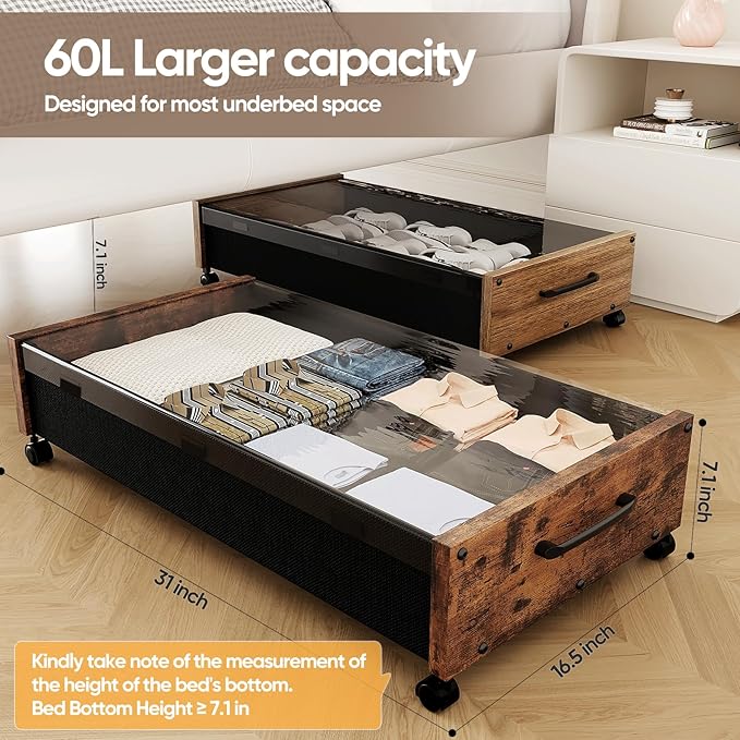 Wooden Under Bed Storage with Wheels, Rolling Under the Bed Storage Bins with Removable Lid, Metal Under Bed Drawers for Clothes and Shoes in Bedroom or Living Room(Vintage Brown-1pack)