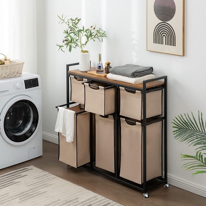 Laundry Basket Organizer, Hampers for Laundry 6 Compartments, Laundry Hamper with 6 Sliding Laundry Sorter Bags, Top Storage Shelf, and Metal Frame (6 Compartments)