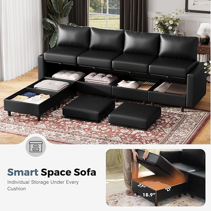 ABCASA 118.5" Faux Leather Modular Sectional Sofa, Modern Large 8 Seater U Shaped Couch with Storage Seat with Reversible Chaise Deep Seat for Living Room DIY Combination - Black
