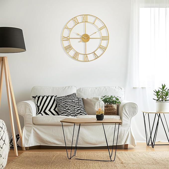Large Wall Clock for Living Room Decor - 47cm/ 18 Inches Silent Non-Ticking Metal Wall Clocks Battery Operated, Vintage Decorative Modern Wall Clock for Bedroom, Office, Farmhouse Decor