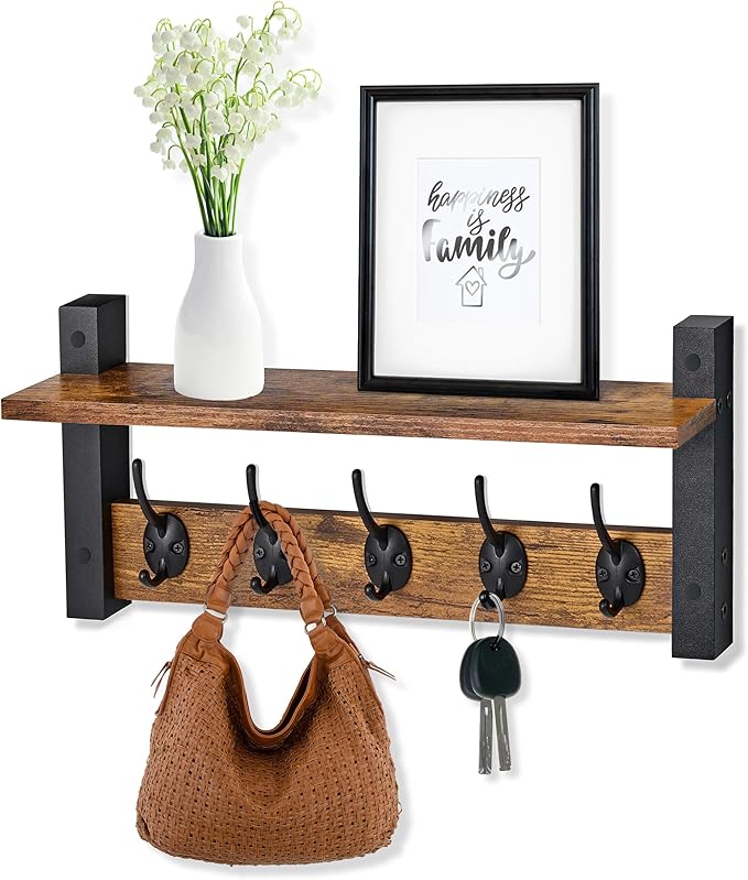 Sorbus Coat Hooks Wall Mount with Shelf – 16 Inch Coat Rack Wall Mount with 5 Heavy Duty Hooks – Floating Wall Shelf with Hooks for Entryway, Bathroom, Bedroom, Kitchen, or Mudroom (Rustic Brown)