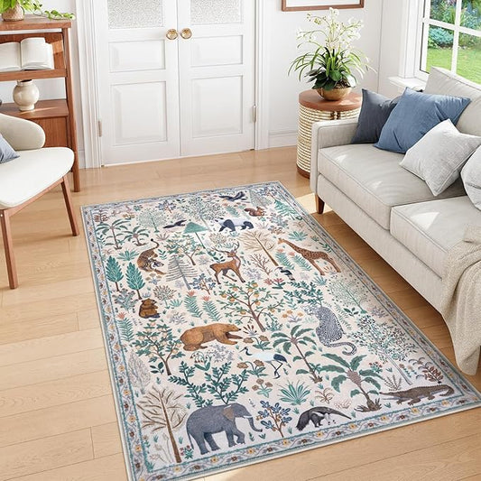 OJIA Jungle Print Washable Area Rugs 5x7, Soft Modern Rugs for Living Room Ultra-Thin Non-Shedding Bedroom Rug, Stain Resistant Neutral Area Rug Large Carpet for Dining Room Kids Nursery Playroom