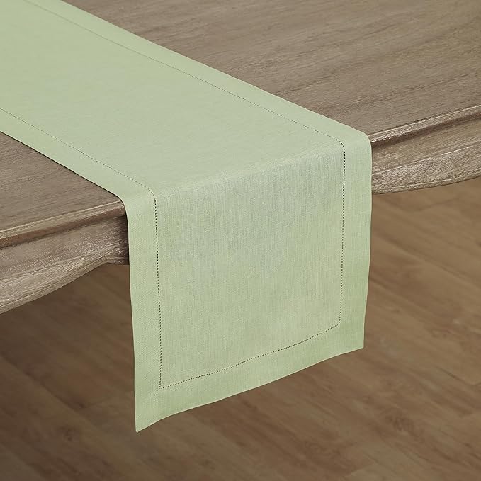 Solino Home Linen Table Runner 48 Inches - 100% Pure Linen Sage Green Hemstitch Table Runner 14 x 48 Inch Ideal for Dresser and Coffee Tables - Fall, Autumn, Thanksgiving - Classic Hemstitch