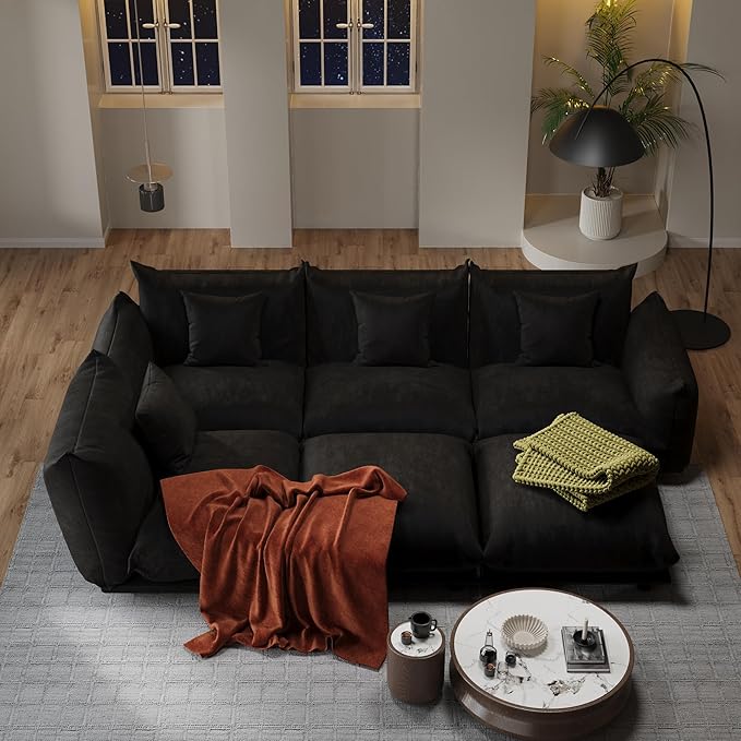 Modern Minimalist Chenille Modular Sectional Sofa, Oversized Deep-Seat U-Shaped Couch with Movable Ottoman, Thick Cushions, Upholstered Sofa for Living Room, Bedroom, Office, Apartment Black 2 Ottoman
