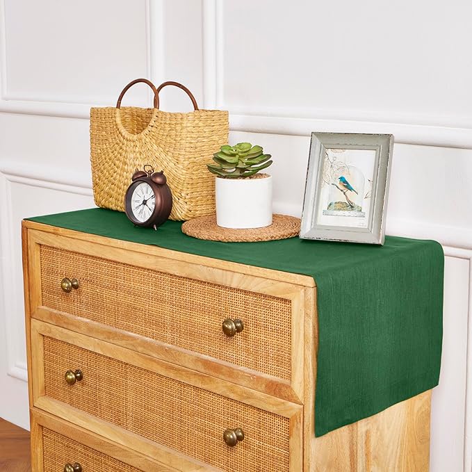 Solino Home Linen Table Runner 36 Inches - 100% Pure Linen Pine Green Table Runner 14 x 36 Inch Ideal for Dresser and Coffee Tables - Fall, Autumn, Thanksgiving - Fete