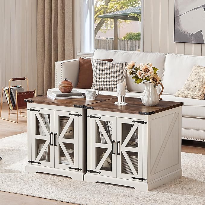 24" End Table with Charging Station, Farmhouse Night Stand with Glass Barn Door, White Nightstands with Adjustable Storage Shelf, Large Wood Square Bed Side Table for Living Room,Bedroom