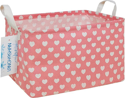 LANGYASHAN Rectangular Storage Bin Collapse Canvas Fabric Cartoon Storage Basket with Handles for Organizing Home Kitchen Boys and Girls Toys Office Closet Shelf Baskets (Rec pink heart)