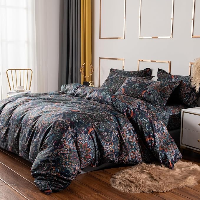 ABREEZE Luxury Vintage Black Duvet Cover Sets Damask Paisley Bedding Set Retro 100% Brushed Cotton Zipper Closure Bedding Collection King Size