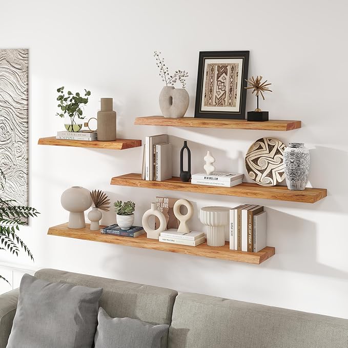 RICHFOCUS Live Edge Elm Floating Shelves - 55" W x 9.3" D Rustic Solid Wood Wall Shelves with Invisible Bracket, Wall-Mounted for Living Room, Bedroom, Kitchen Storage & Display, Set of 1, Natural