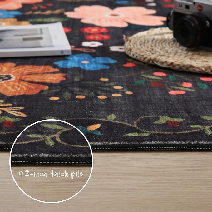 Living Room Rug 6x9 Rug Machine Washable Boho Area Rug Non Slip Floral Vintage Low Pile Large Rug for Living Room, Bedroom, Farmhouse, Dining Room, Kids Playroom(Black)