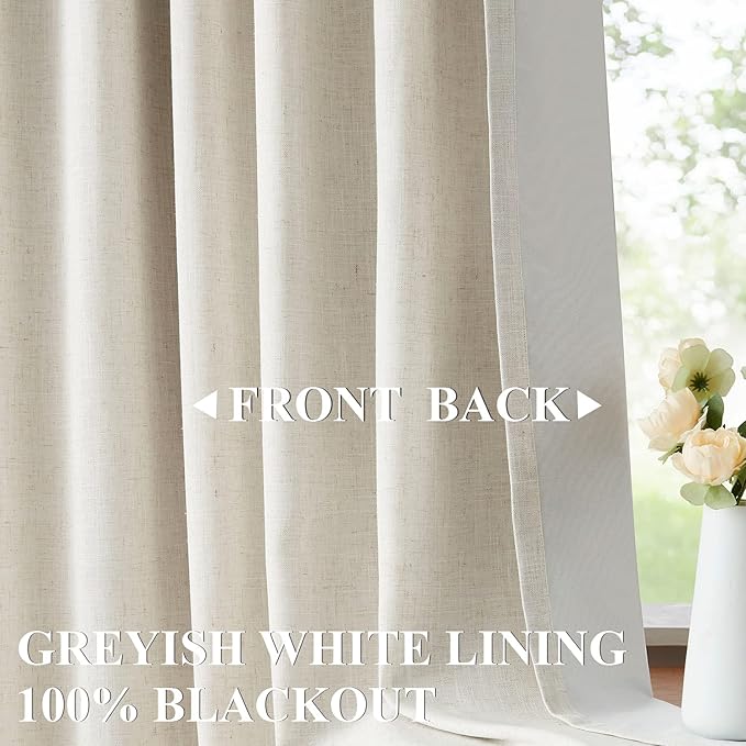 Vision Home Natural Pinch Pleated Full Blackout Curtains Linen Blended Room Darkening Window Curtains 95 inch for Living Room Bedroom Thermal Insulated Pinch Pleat Drapes with Hooks 1 Panel 60"Wx95"L