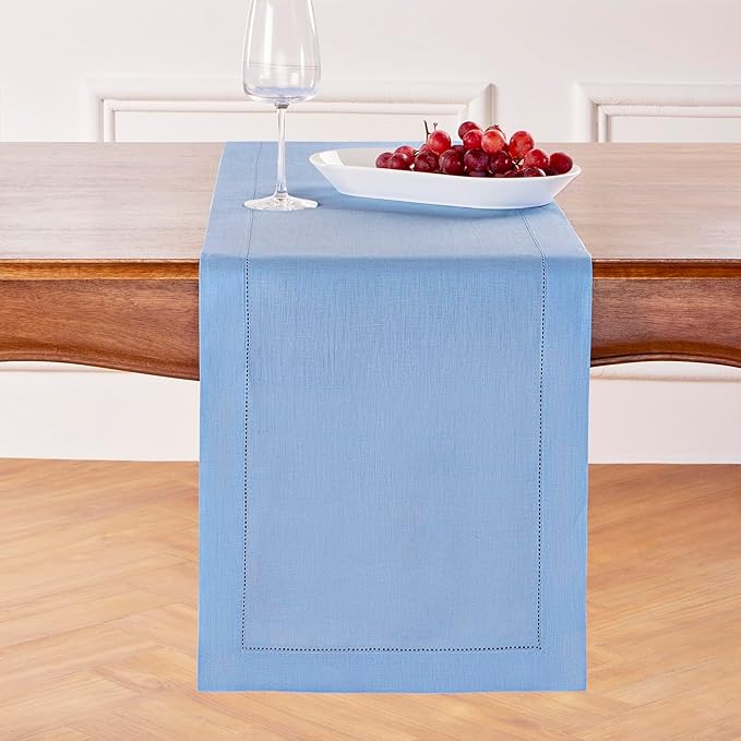 Solino Home Linen Cornflower Blue Table Runner 120 Inches Long - 100% Pure Linen Hemstitch 14 x 120 Inch Table Runner for Dining - Classic Hemstitch