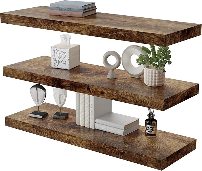 Large Floating Shelves for Wall Set of 3 Wooden Wall Shelves 24 in x 12.75 in x 2 in Room Decor Long Shelf with Invisible Wall Mount Bracket for Bedroom Kitchen Living Room Rustic Brown