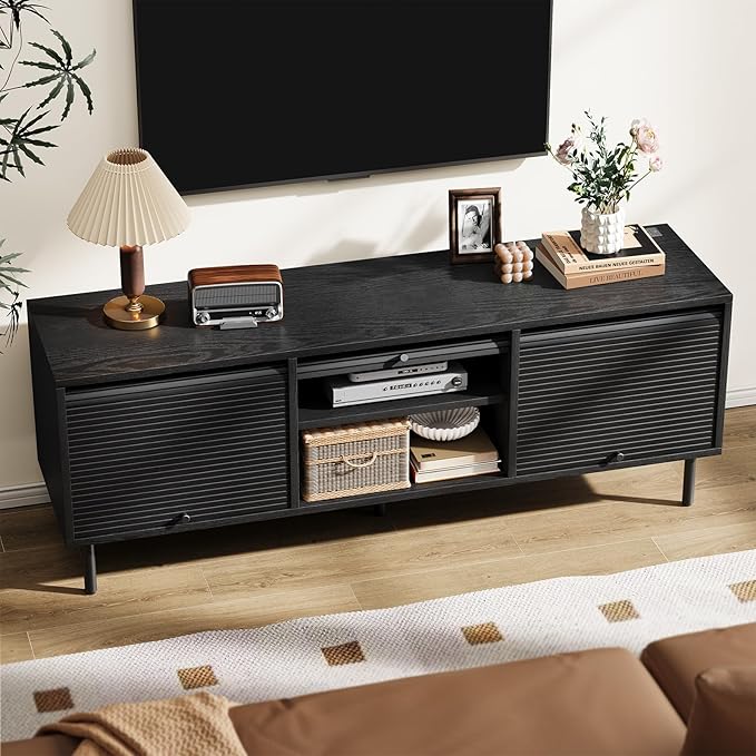 59 Inch TV Stand with Power Outlet for TVs up to 65 Inch, Entertainment Center with Storage, Mid-Century Modern TV Console, Adjustable Shelf & Sliding Doors, TV Stand for Living Room, Bedroom, Black