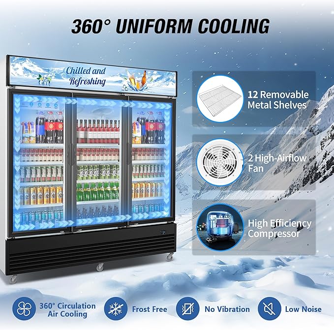 Commercial Beverage Refrigerator, 75" W 60 Cu. Ft. Commercial Drink Fridge, Display Refrigerator with 3 Glass Door, Commercial Display Fridge with 12 Adjustable Shelves, for Shop, Restaurant, Bar
