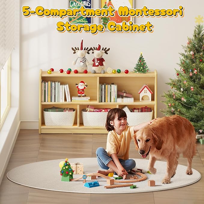 2-Tier Wood Montessori Cabinet for Kids, Toddler Room Book Shelves Toy Organizers and Storage, Small Book Shelf Storage for Baby Children, Furniture of Classroom, Nursery, Playroom