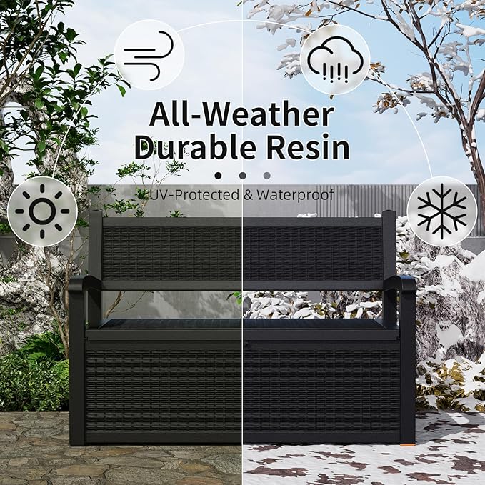 80 Gallon Storage Bench Deck Box Waterproof Lockable,Outdoor Storage Furniture for Patio,Garden and Porch,Tools and Cushions（Black）