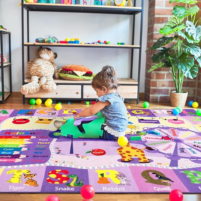 Kids Rugs for Playroom Bedroom Classroom Nursery, Non-Slip and Washable Rugs for Children Toddlers Girls, Educational and Fun Rug Carpets with ABC Alphabet Animals Shapes, 7x10, Purple