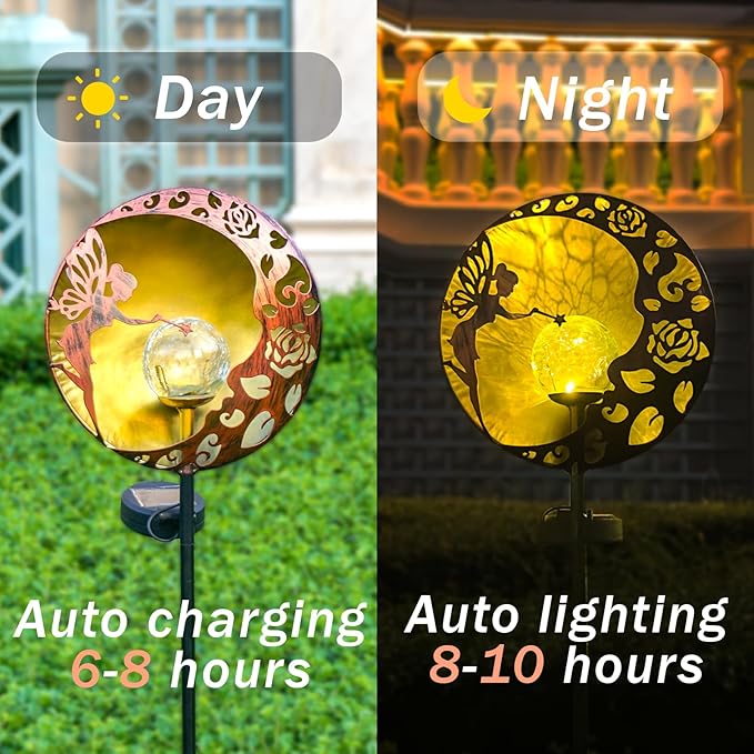 Fairy Solar Garden Light, Decorative Outdoor Statue, Moon Star Stake, Metal Sculpture for Yard, Lawn, Patio, Pathway, Housewarming, Birthday Gift for Mom, Grandma, Women (Fairy, 1)