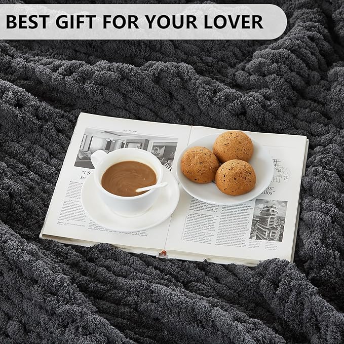 L'AGRATY Chunky Knit Blanket Throw: 72''x84'' Chenille Chunky Knitted Throw Blanket for Bed Couch - Handmade Thick Big Cable Knit Blanket - Large Chunky Crochet Blanket for Home Decor(Dark Grey)