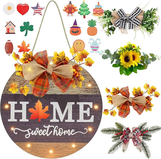 Interchangeable Seasonal Welcome Sign Front Door Decoration with 4 Seasonal Wreaths and LED Light, Rustic Round Wood Wreaths Wall Hanging Outdoor, Farmhouse Front Door Decoration Home Décor