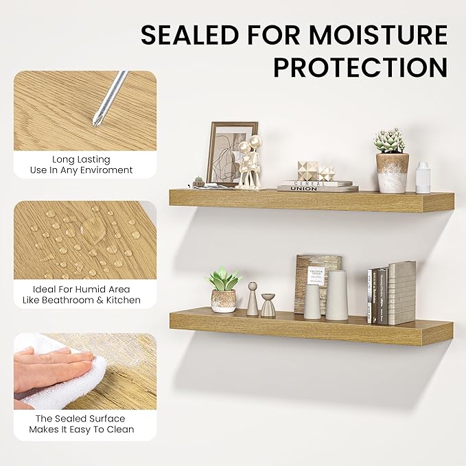 Floating Shelves for Wall, 31.5" W x 6.7" D x 1.5" H, Wooden Wall Mounted Display Shelves with Invisible Brackets for Living Room, Bedroom, Bathroom, Kitchen Decor and Storage, Set of 2, Oak