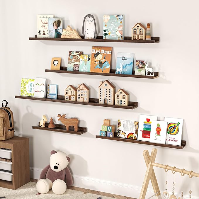 Floating Shelves for Wall, Picture Ledge Shelf 55 Inch Solid Wood Set of 2, Rustic Wall Shelves with Lip, Kids Bookshelf, Photo & Picture Live Edge Floating Shelves for Bedroom, Living Room, Kitchen