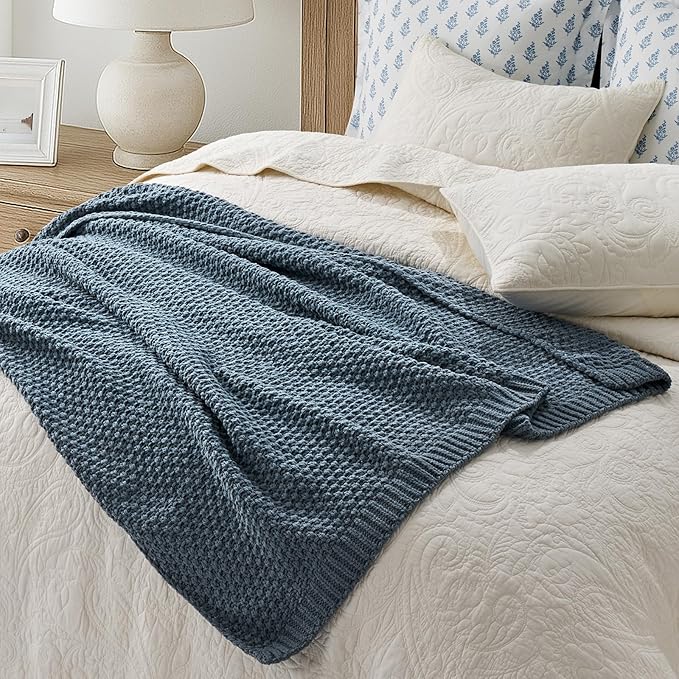 Chunky Chenille Knit Throw Blanket for Couch, Soft Luxurious Moss Stitch Blankets for Bed, Cozy Decorative Farmhouse Knitted Throws for Sofa, Stormy Blue, 50" x 60"