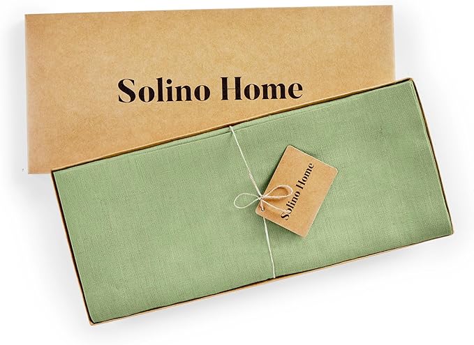 Solino Home Linen Laurel Green Table Runner 36 Inches - 100% Pure Linen Farmhouse Short Table Runner 14 x 36 Inch Ideal for Dresser and Coffee Tables - Fall, Autumn, Thanksgiving - Fete