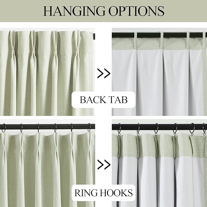 Vision Home Soft Green Pinch Pleated Full Blackout Curtains Linen Blended Room Darkening Curtain Panels 72 inch for Living Room Bedroom Thermal Insulated Pinch Pleat Drapes with Hooks 40" Wx72 Lx2