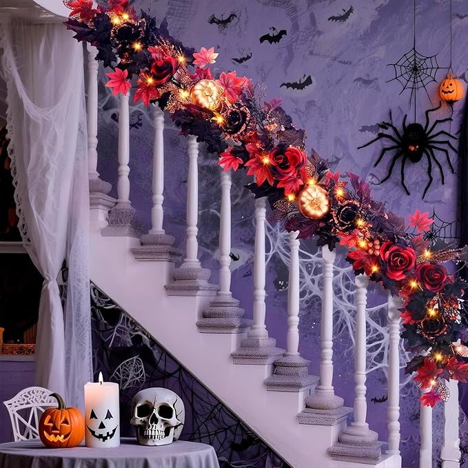 SHareconn 6FT Halloween Garland with Purple Lights Battery Operated and Timer, Pre-Lit Black Red Maple Leaves Lighted Garland Decorations for Fireplace Mantle Centerpiece Indoor Outdoor Decor, 6 FT