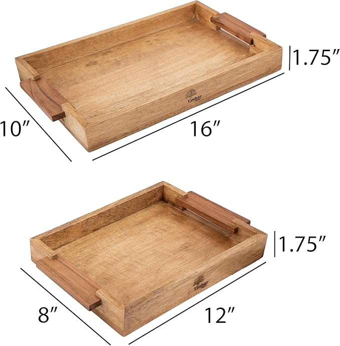 Mango Acacia Wood Serving Trays with Handles – Set of 2 Large Decorative Wooden Trays for Breakfast in Bed, Dinner, Snacks, Coffee Table, Ottoman, Couch & Patio Party – (16x10x1.75 & 8x12x1.75) Inches