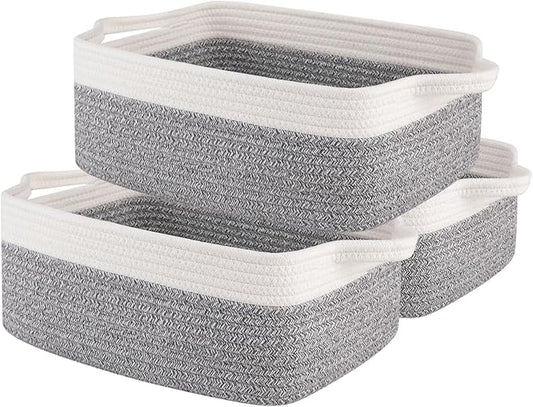 OIAHOMY 3 Pack Storage Baskets for Organizing, Woven Cotton Rope Basket for Shelves, Closet Organizer Bins with Handles, Rectangle Toy Organization, 13.78''×9.84''×5.5'', Grey & White