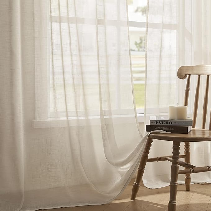 Joydeco Sheer Linen Curtains for Living Room, White Curtains 90 Inches Long 2 Panels Set, Rod Pocket Back Tab Window Privacy Assured with Light Filtering(W52 x L90 Inch,Linen)