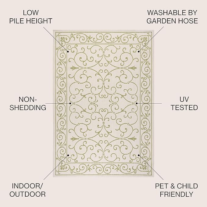 JONATHAN Y Vintage Filigree Indoor Outdoor Area Rug 8X10 Cream/Green, Charleston Textured Weave for Backyard, Patio, Porch, Easy-Cleaning, High Traffic, Pet-Friendly, Non-Shedding (SMB106I-8)