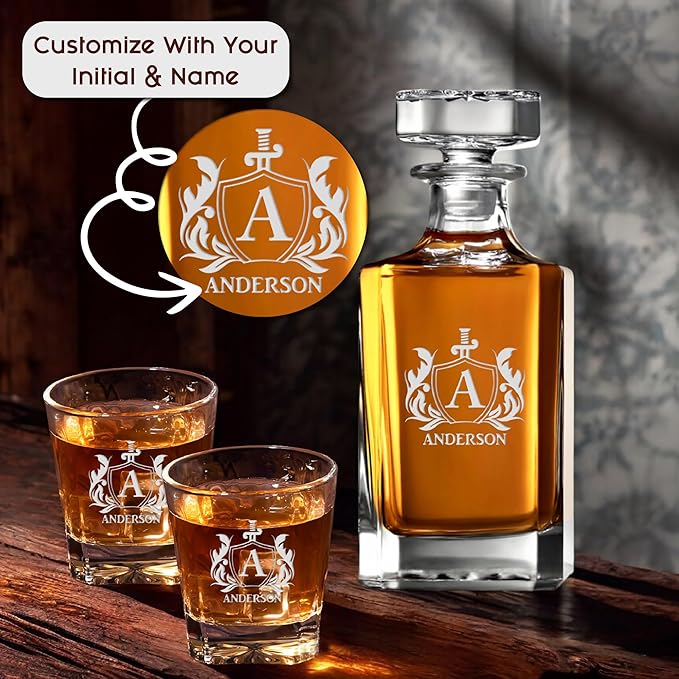 Personalized Triangle Whiskey Decanter Set for Men 650ml Luxury Gift for Groomsman, Liquor Decanters with 2 or 4 Glasses for Birthday, Retirement, Weddings - 24 Engraved Design Options