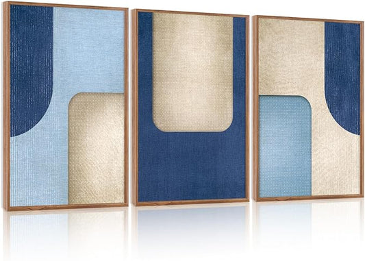 KAIRNE Blue Modern Abstract Canvas Wall Art,Neutral Prints Set of 3(16”X24”),Simple Design Wall Decor,Boho Minimalist Paintings,Blue and White Geometry Pictures for Living Room Bedroom Office Decor