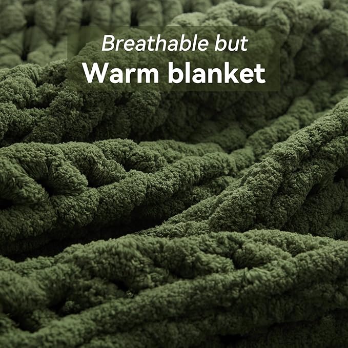 Chunky Knit Throw Blanket, 30''*40'' Knitted Throw Chenille Yarn for Bed Couch, Handmade Green Crochet Big Thick Blanket, Machine Washable Cute Comfy Blanket for Home Decor