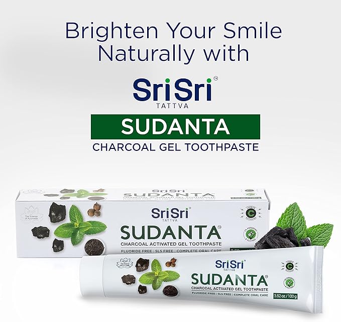 Sri Sri Tattva Sudanta Charcoal Toothpaste Gel – SLS, Fluoride Free Herbal Toothpaste with Neem & Ayurvedic Herbs – Natural Teeth Whitening, Fresh Breath, Oral & Gum Health – 100g Tube (Pack of 1)