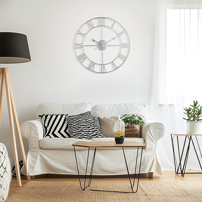 Large Wall Clock for Living Room Decor - 47cm/ 18 Inches Silent Non-Ticking Metal Wall Clocks Battery Operated, Vintage Decorative Modern Wall Clock for Bedroom, Office, Farmhouse Decor