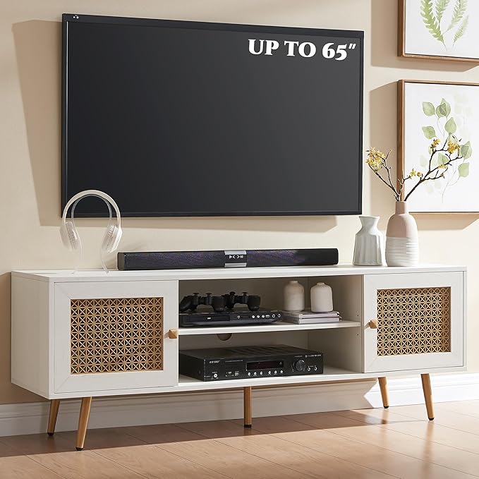 JYED Mid Century Modern TV Stand with Metal Mesh Doors and Open Shelf for 65" TVs,Antique White Media Console Wood Entertainment Center with Cable Holes for Living Room.59.06"x15.55"x20.87"