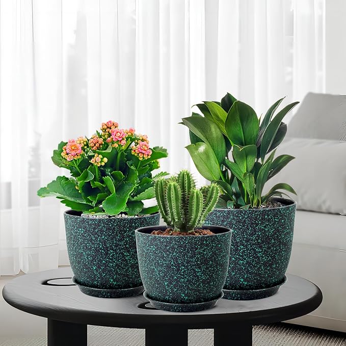 Plant Pots 9/8/7.5inch, Set of 3 Modern Decorative Plastic Planters with Drainage Holes and Saucer for Garden House Plants, Flower Pots for Indoor Outdoor Plants, Black with Green Speckles