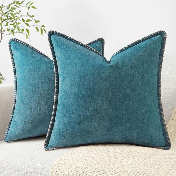 decorUhome Chenille Soft Throw Pillow Covers 26x26 Set of 2, Farmhouse Velvet Neutral Decorative Euro Pillow Covers with Stitched Edge for Couch Sofa Bed Home Decor, Teal